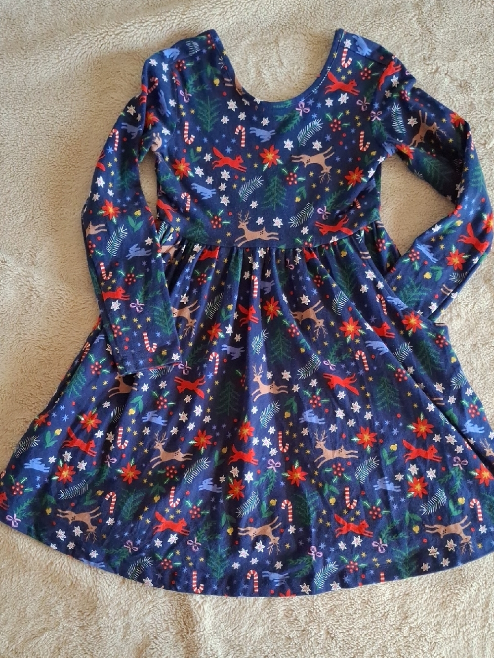 Hanna Andersson Girls' Navy Holiday Reindeer Long-Sleeve Dress